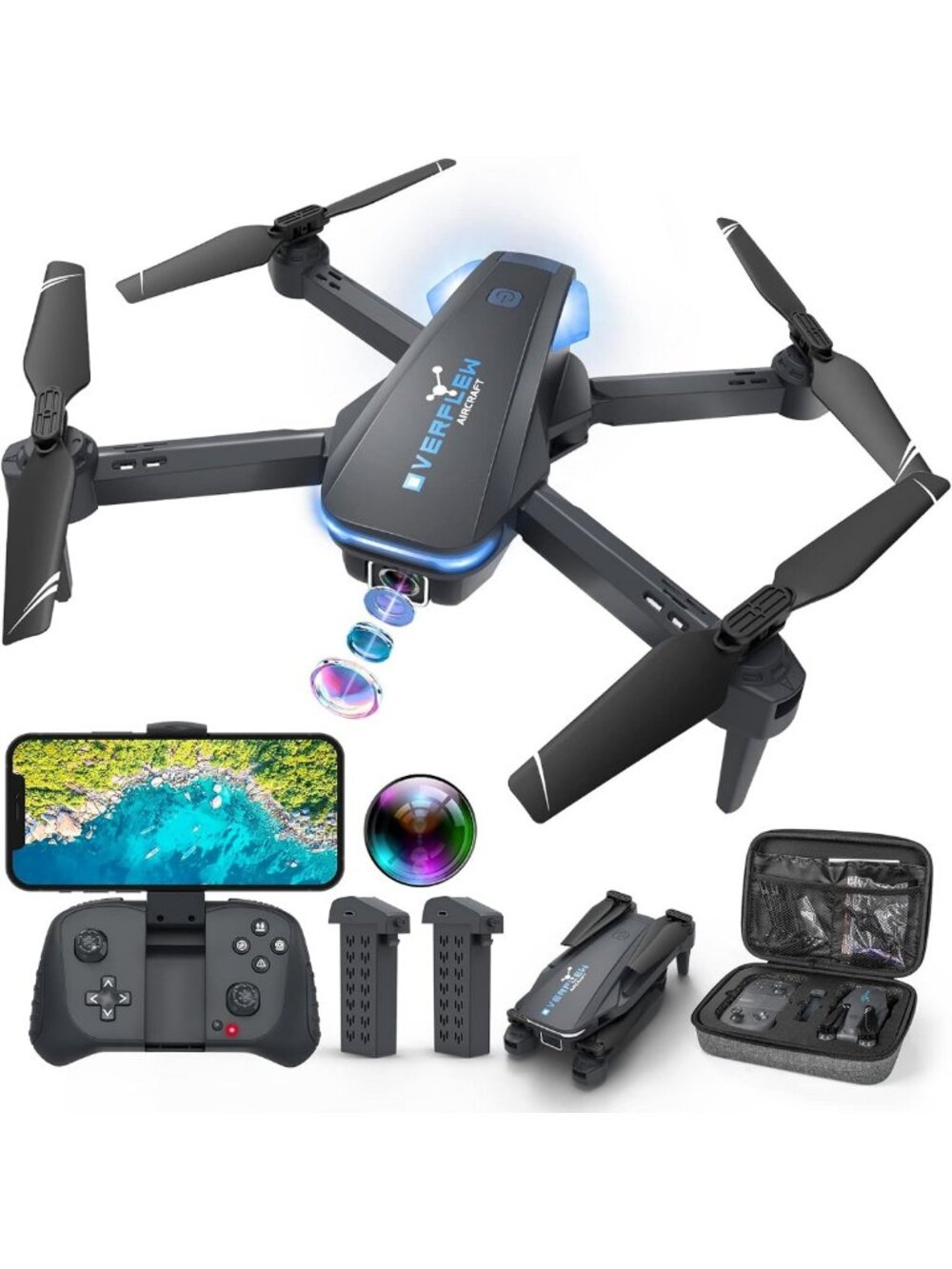 Foldable 1080P Camera Drone for Beginners, Voice Control, Altitude Hold, 2